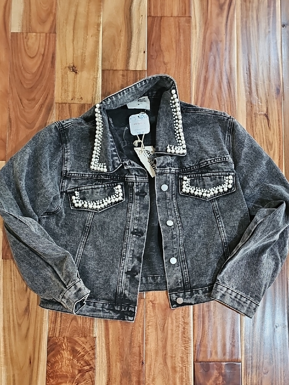 Savanna Jane Black Pearl-Trim Denim Jacket